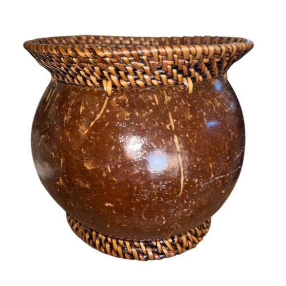 Handmade Coconut Shell & Wicker Decorative Bowl 4.5" Tall Bohemian Style Piece - Picture 1 of 6